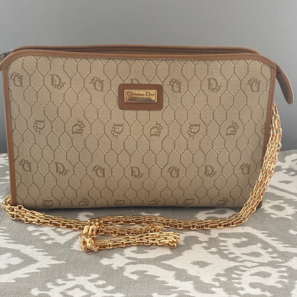 Christian Dior Honeycomb Canvas Clutch with Unbranded Gold Tone Shoulder Strap